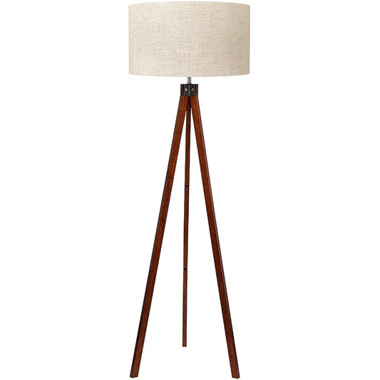 Wood Tripod Floor Lamp, Mid Century Standing Lamp, Modern Design Studying Light for Living Room, Bedroom, Study and Office, Flaxen Linen Shade with E26 Base Brown