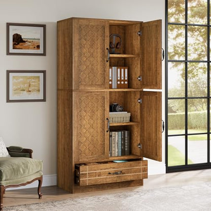 Tribesigns 70 Inches Bookshelf and Bookcase with Door, Wooden Farmhosue Tall Storage Cabinet with Drawer, Retro Enclosed Library Book Shelves for Home Office, Living Room (Rustic)