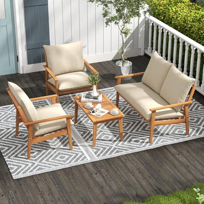 4 Pieces Patio Furniture Set, Outdoor Acacia Wood Conversation Set with Soft Cushions and Coffee Table, Outdoor Sectional Sofa Set for Lawn, Garden, Backyard and Poolside (1, Natural)