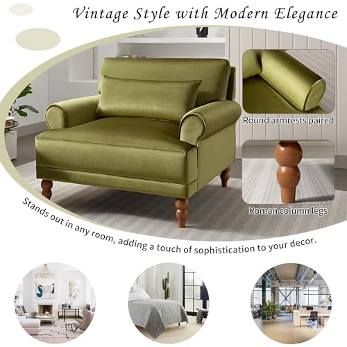Oversized Velvet Accent Arm Chair with Roman Column Legs, Green, view 7