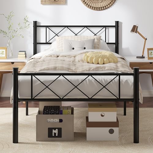 Twin Size Bed Frame with Headboard, Heavy Duty Bedframe with Strong Metal Slats, view 2