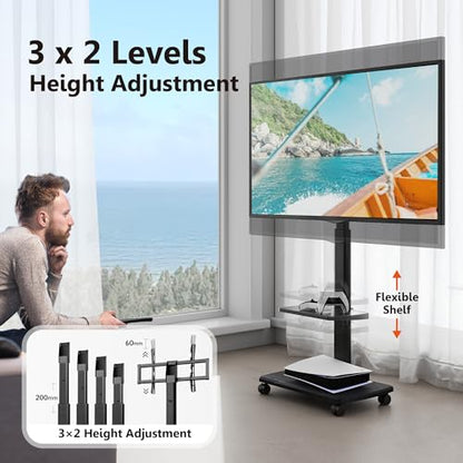 Rolling TV Stand, Mobile TV Cart on Wheels for 32-75 Inch Flat Screen, Tall Floor TV Stand with Swivel Mount for Bedroom, Outdoor, Home Office, Small Dorm, Black