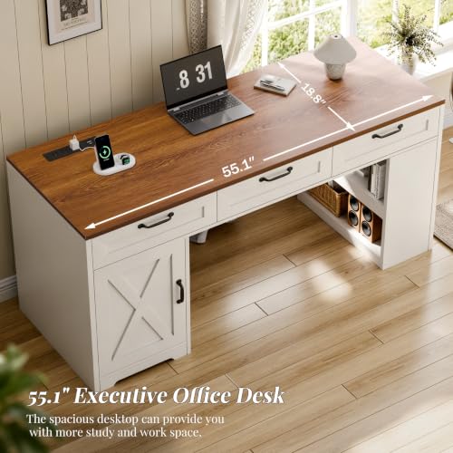 55" Farmhouse Desk with Charging Station & Drawers, Walnut White, view 7