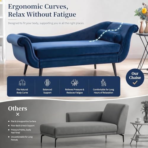 68" Blue Velvet Chaise Lounge Chair, Vintage Scroll Arm & Wave Back Sofa, view 7