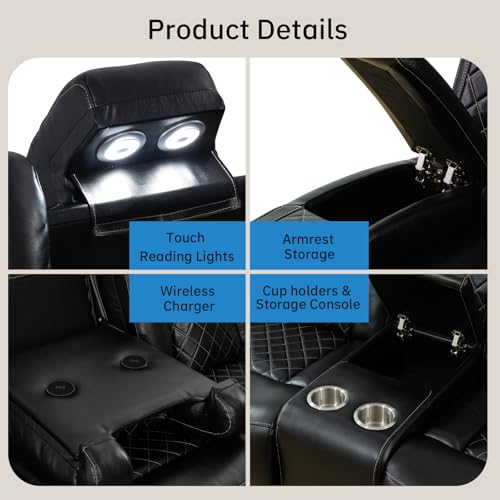 Living Room Furniture Sets, Power Recliner Sectional Sofa with LED Lights, Leather Couch Set, Reclining Sofa for Living Room, Home Theater,and Office (3PCS Set, Black)
