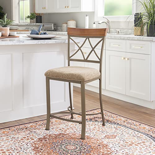 Powell Hamilton Metal 24.5 Inch Seat Height Counter Stool with Beige Upholstered Seat and Cherry Wood Accented Back