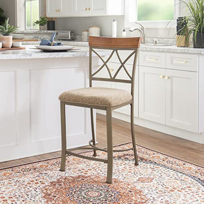 Powell Hamilton Metal 24.5 Inch Seat Height Counter Stool with Beige Upholstered Seat and Cherry Wood Accented Back