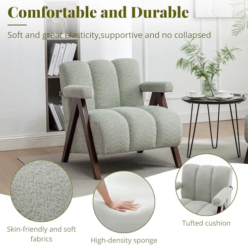 Mid Century Modern Accent Chair with Solid Wood Frame, Boucle Upholstered Living Room Chairs with Thick Cushion, Comfy Tufted Arm Chair for Bedroom, Sage