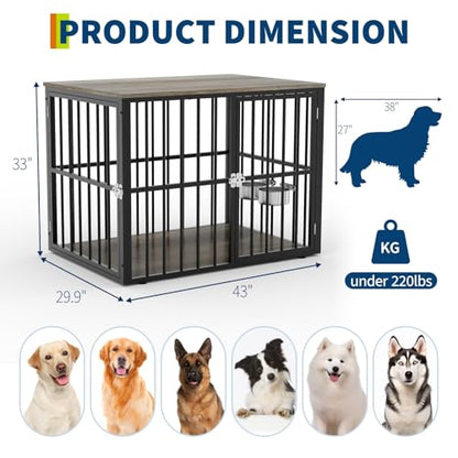 43'' Heavy Duty Dog Crate Furniture with 2 Doors and Adjustable Bowls, view 4