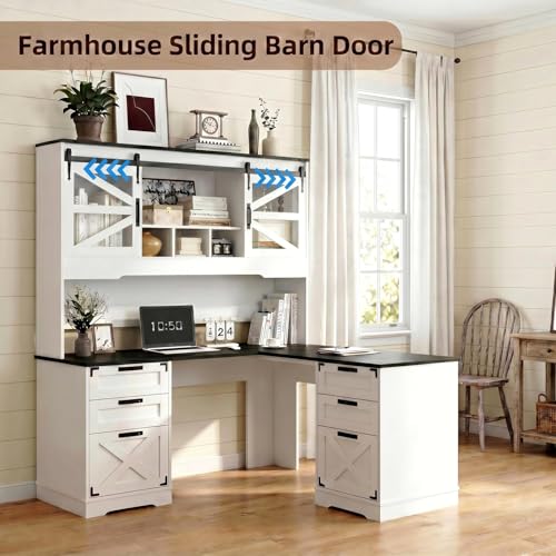 Farmhouse L Shaped Executive Desk with Hutch and 6 Drawer, 57" Home Office Desk with Power Outlet and 2 File Drawers, Corner Computer Desk with Storage Shelves and Sliding Door for Home Office
