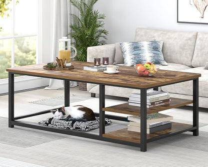 Modern Coffee Table, Rustic Wood and Metal Living Room Table with Storage Shelf, Industrial Brown, 47 Inch
