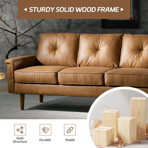72'' 3-Seater Deep Seat Sofa Couch, Mid-Century Modern Couches, Brown Faux Leather Small Couch for Apartment, Living Room, Bedroom(Light Brown)