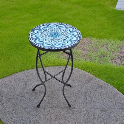 Mosaic Side Table and Plant Stand, 21" Round End Table with 14" Ceramic Tile Top, Indoor & Outdoor Accent Table, Porch Patio Furniture, Entryway & Coffee Table for Home & Garden, Blue Mandala