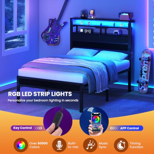 Queen LED Lighted Bed Frame with Storage, Black, view 5