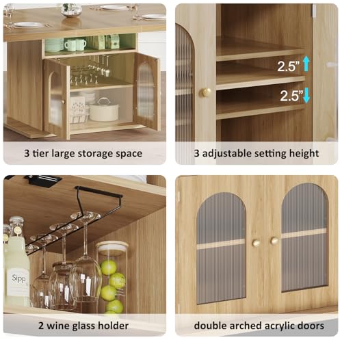 Dining Table for 4–6, 63 Inch Wood Farmhouse Kitchen Table with 3-Tier Storage Shelf and Acrylic Door Cabinet, Rectangular Modern Dining Room Dinner Table for Apartment Home Small Space, Light Oak