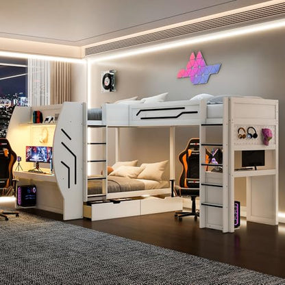 JIVOIT L-Shaped 3 in 1 Bunk Bed, Full & Twin Size Gaming Bunk Bed with Built-in Desks and Pegboard Organizer, Ladders, Storage Drawers and Open Shelve, Multi-User Bunk Bed for Kids Teens (White/62)