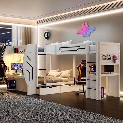 JIVOIT L-Shaped 3 in 1 Bunk Bed, Full & Twin Size Gaming Bunk Bed with Built-in Desks and Pegboard Organizer, Ladders, Storage Drawers and Open Shelve, Multi-User Bunk Bed for Kids Teens (White/62)