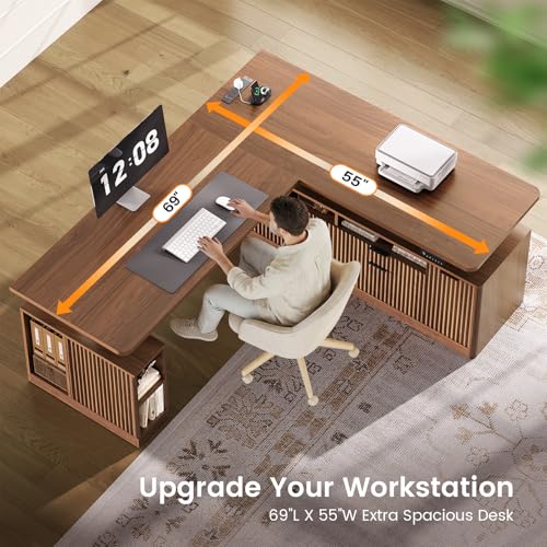 Fluted L Shaped Executive Electric Standing Desk with 4 Drawers, view 6