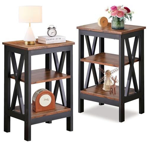 End Side Table Night Stand Set Of 2,X-Design with Storage Shelf for Bedroom,Living Room,Brown