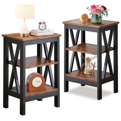 End Side Table Night Stand Set Of 2,X-Design with Storage Shelf for Bedroom,Living Room,Brown