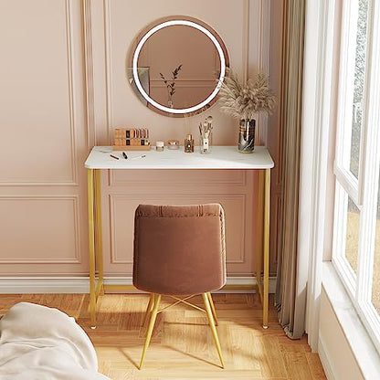 White Faux Marble Folding Desk, 31.5" Small Desk for Small Spaces with Gold Legs, Easy Assemble Foldable Computer Desk, Mini Portable Working Table for Home Office, White and Gold