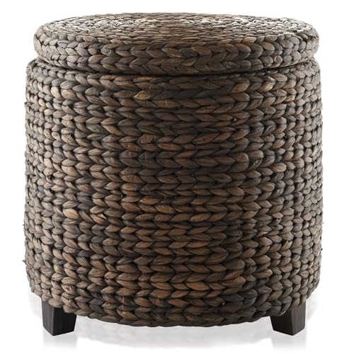 17" Round Storage Ottoman with Lid - Espresso Dark Brown, Handwoven Water Hyacinth Footstool for Living Room, Bedroom, Bathroom, Home Office