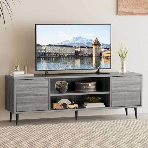 Mid Century Modern TV Stand for 65 inch TV, Entertainment Center with Storage, Media Console with Sturdy Legs, Push-to-Open Cabinets, Wooden Living Room Furniture, Bright Gray