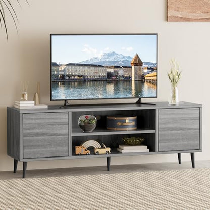 Mid Century Modern TV Stand for 65 inch TV, Entertainment Center with Storage, Media Console with Sturdy Legs, Push-to-Open Cabinets, Wooden Living Room Furniture, Bright Gray