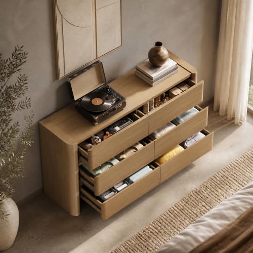 6 Drawer Dresser for Bedroom, Thick Rounded Side Panels & Handleless Design, view 6