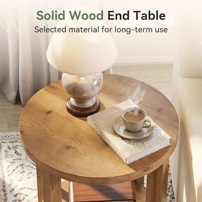 Solid Wood Round End Table, Accent Bed Side Table with Storage Shelf, 2-Tier Circle Wood Nightstand for Living Room, Bedroom, Small Spaces, Brown