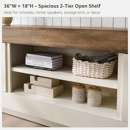 Modern 70" TV Stand, Entertainment Center for TVs Up to 80", Media Console with Large Open Storage & Side Cabinets, Thick Wood Design for Living Room, Antique White