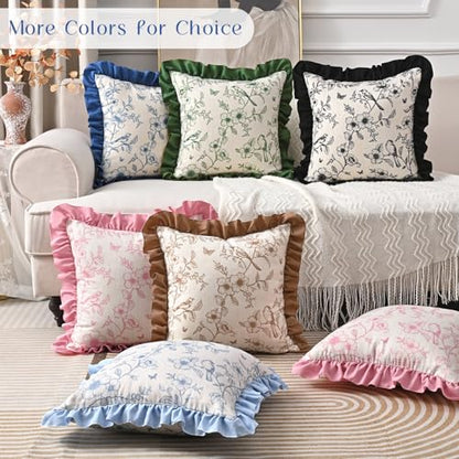 Floral Linen Throw Pillow Covers 18x18 Inches Set of 2, Farmhouse Decorative Couch Pillow Covers with Ruffle, French Country Throw Pillowcases Soft Cushion Covers for Sofa Bed Living Room, Blue