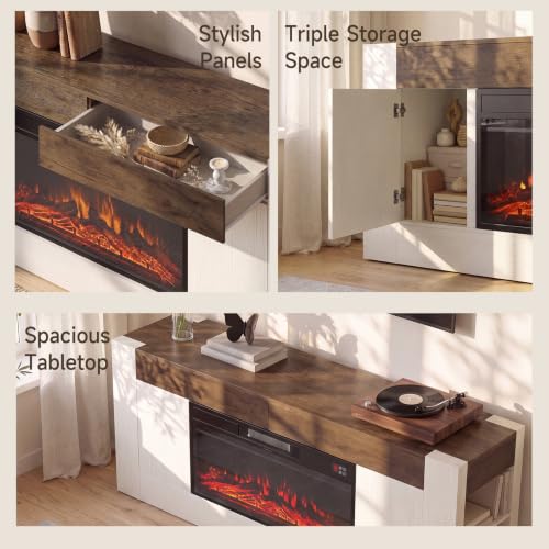 Modern 70 inch TV Stand with Electric Fireplace and Storage, White, view 6