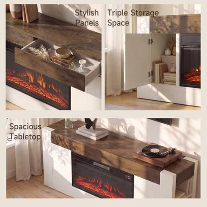 Modern 70 inch TV Stand with Electric Fireplace and Storage, White, view 6