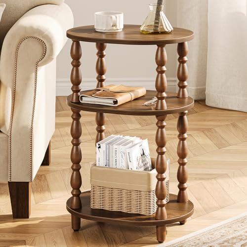 3-Tier Small Side Table - Oval End Table with Vintage Spindle Legs, Accent Night Stand with Storage Shelf for Narrow Spaces, Wood Nightstand Bedside Table for Living Room, Bedroom, Walnut