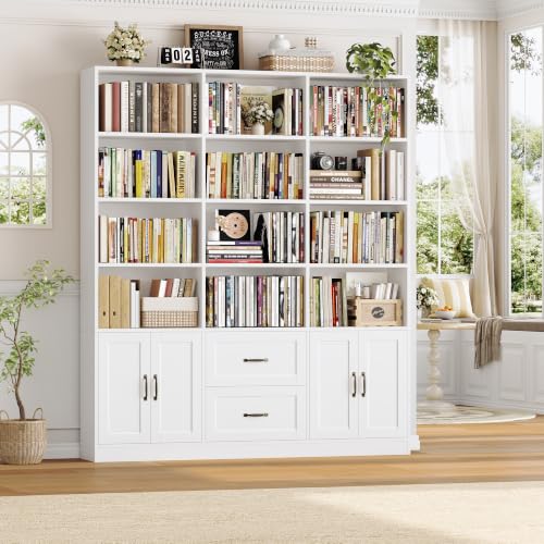 71" Tall Triple Wide Bookshelf with Storage Drawers & Doors, White, view 6