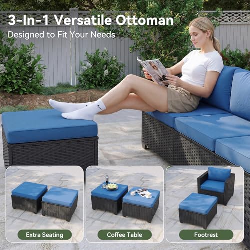 Patio Furniture Set with Fire Pit Table, 6 Piece Outdoor Furniture Set with Wicker Ottomans, Rattan Outdoor Sectional Sofa with Thickened Cushion & Waterproof Cover Navy Blue