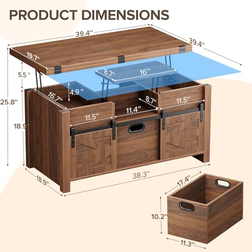 40" Farmhouse Lift Top Coffee Table with Storage Drawers,Walnut | 4 in 1 Multi-Function Coffee Tables with Sliding Barn Door & Hidden Compartment,Converts to Dining Table for Living Room