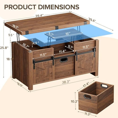 40" Farmhouse Lift Top Coffee Table with Storage Drawers,Walnut | 4 in 1 Multi-Function Coffee Tables with Sliding Barn Door & Hidden Compartment,Converts to Dining Table for Living Room