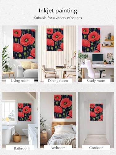 NuYeBiofx Red Poppy Farmhouse Floral Canvas Wall Art Prints,30"x20" Framed Picture Artwork Blossom Floral on Black Printed Canvas Oil Painting for Living Room Bedroom Office,Ready to Hang
