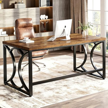 Rustic Computer Desk,55 Inch Metal Wooden Home Office Writing Desk, view 4