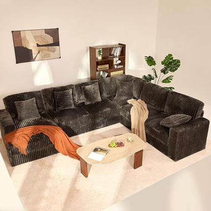 139" U-Shaped Cloud Couch, Modular Sectional, Deep Seats, Grey | Pocket Spring Cushions, Oversized 7-Seater, Left Facing Chaise, Corduroy Upholstery Couches for Living Room, Not Boneless