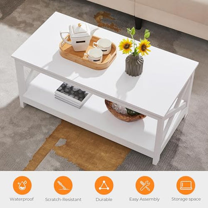 Yaheetech Wood 2-Tier White Coffee Table with Storage Shelf for Living Room, X Design Accent Cocktail Table, Simple Design Home Furniture, 39.5 x 20 x 18 Inches