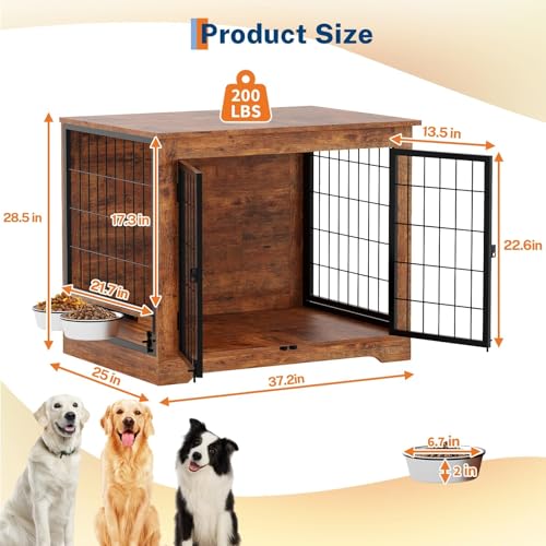 Dog Crate Furniture with 360° Rotatable Bowls, view 3