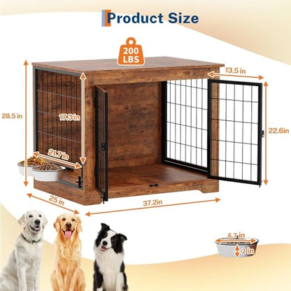 Dog Crate Furniture with 360° Rotatable Bowls, view 3