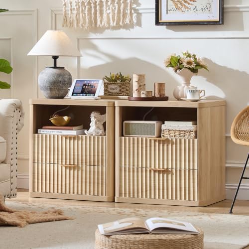 Fluted Farmhouse Nightstand Set of 2 with Charging Station, view 5