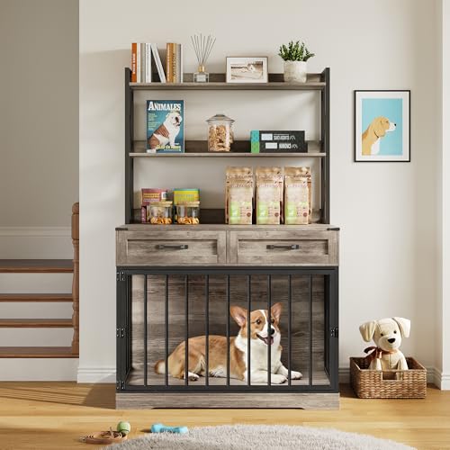 42”×65.4”Dog Crate Furniture, Pet Cage with Storage Drawers & Shelves, view 7