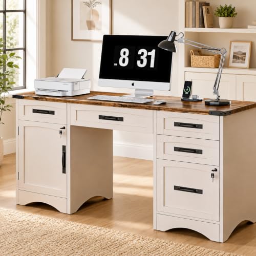 55 Inch Farmhouse Executive Desk with Drawers and Charging Station, view 3