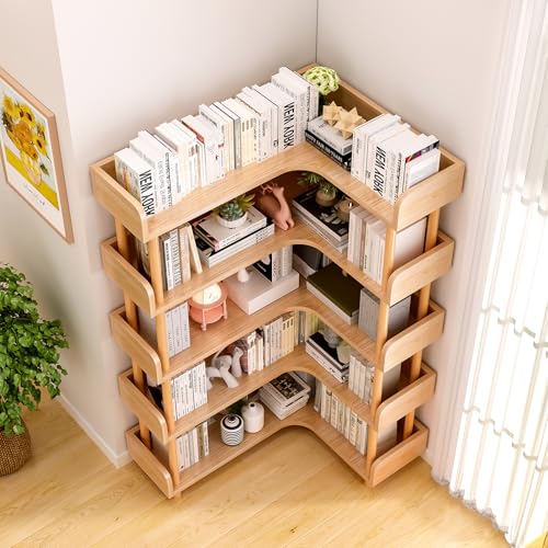 5-Tier Reversible Corner Bookshelf, L-Shaped Shelf, Oak, view 7