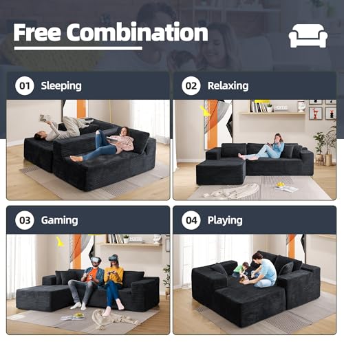 106" Cloud Sectional Couch with Chaise Lounge, L-Shape Modular Sectional Boneless Sofa with Deep Seat, Upholstered Couches for Living Room Bedroom, No Assemble, Black (Plush Corduroy Fabric)